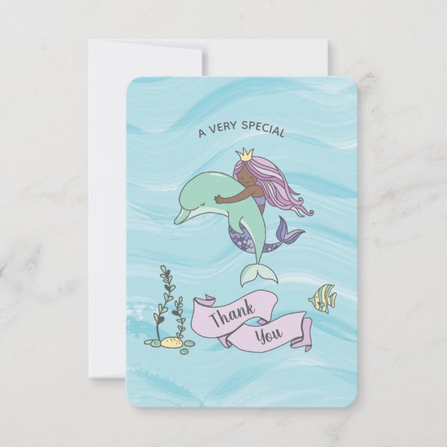 Cartão De Agradecimento Sereia Púrpura da Pele Escura com Golfinho (Frente)