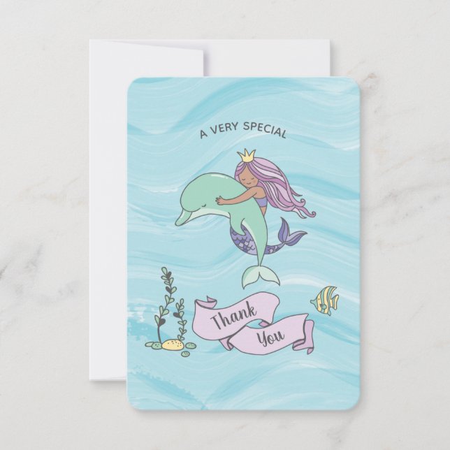 Cartão De Agradecimento Sereia Púrpura Tan com Golfinho (Frente)