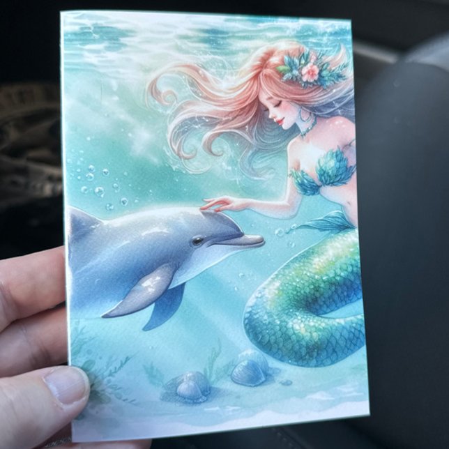 Cartão De Agradecimento Sereia sob a costa marítima (Mermaid with Dolphin Under the Sea blank notecard stationery)