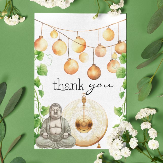 Cartão De Agradecimento Serene | Pacote | Estátua de Budha e Greenery (Cute Budha on customizable greeting card with greenery and garden lights. )