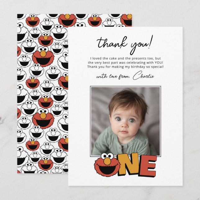 Cartão De Agradecimento Sesame Street | Elmo - First Birthday Thank You Ca (Frente/Verso)