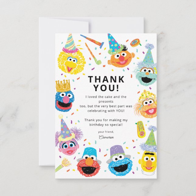 Cartão De Agradecimento Sesame Street Pals Confetti Aniversário (Frente)