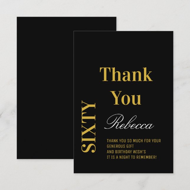 Cartão De Agradecimento Sessenta e sessenta anos, preto e Dourado Elegante (Frente/Verso)