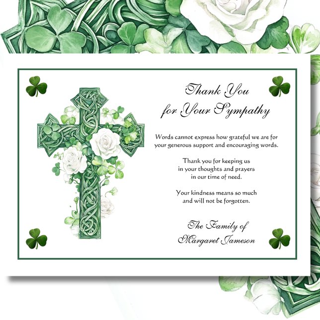 Cartão De Agradecimento Shamrocks Irish Celtic Cross Rosa Condolence (Criador carregado)