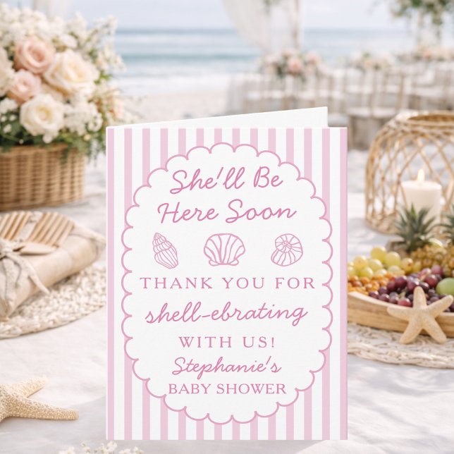 Cartão De Agradecimento She'll Be Here Soon Sea Shells Baby Shower (Criador carregado)
