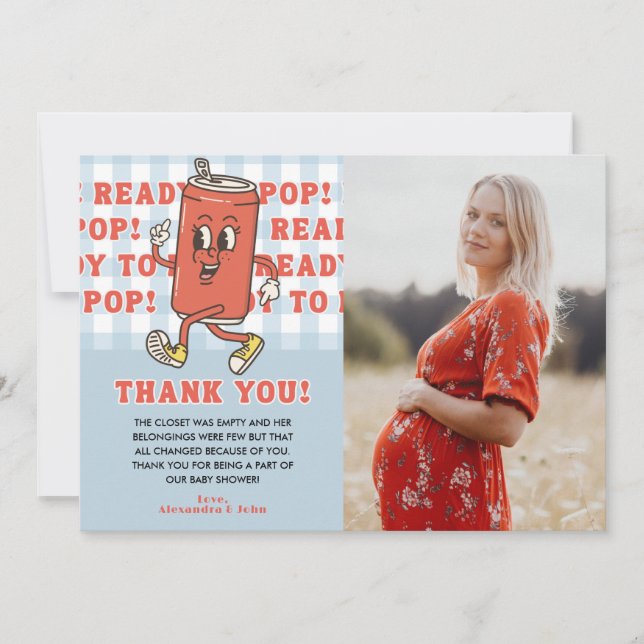 Cartão De Agradecimento She's Ready to Pop Baby Shower Blue Gingham Photo (Frente)