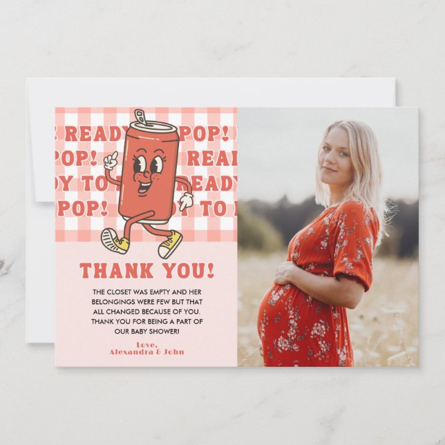 Cartão De Agradecimento She's Ready to Pop Baby Shower Red Gingham Photo (Frente)