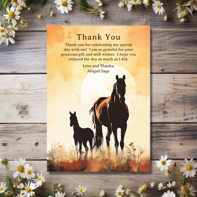 Cartão De Agradecimento Silhouette Mare e Foal Sunset Horse Chá de fraldas (Front - Silhouette Mare and Foal Sunset Horse Baby Shower Thank You Card)