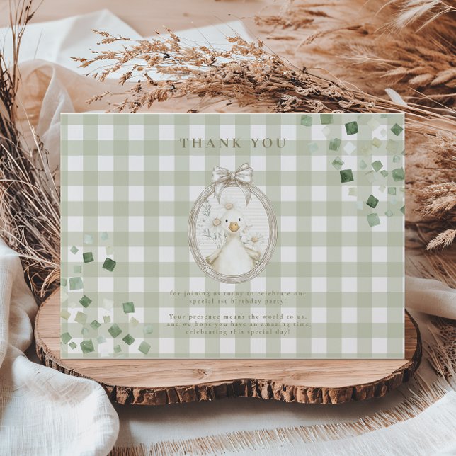 Cartão De Agradecimento Silly Goose 1st Birthday Green Gingham (Criador carregado)