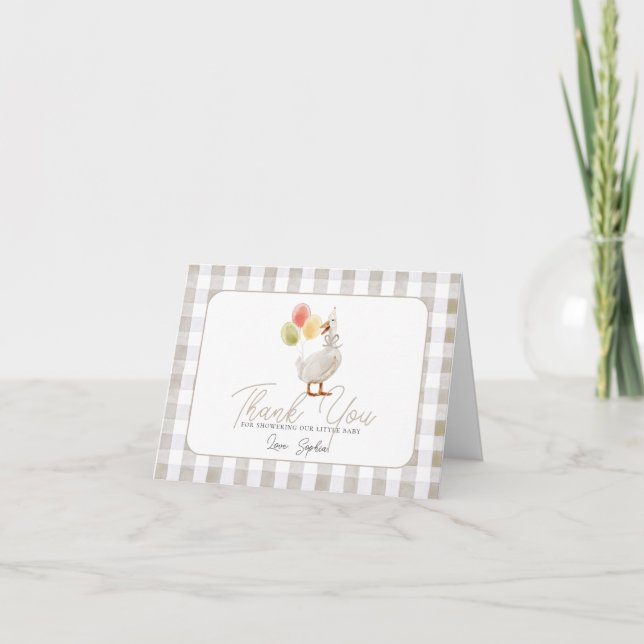 Cartão De Agradecimento Silly Goose Beige Gingham Baby Shower (Frente)