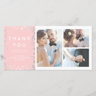 Cartão De Agradecimento Silver Confetti Elegante Casamento Rosa Obrigado