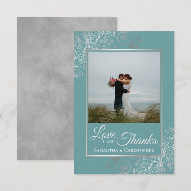 Cartão De Agradecimento Silver Curls Elegantes no Casamento de Teal Love & (Frente/Verso)