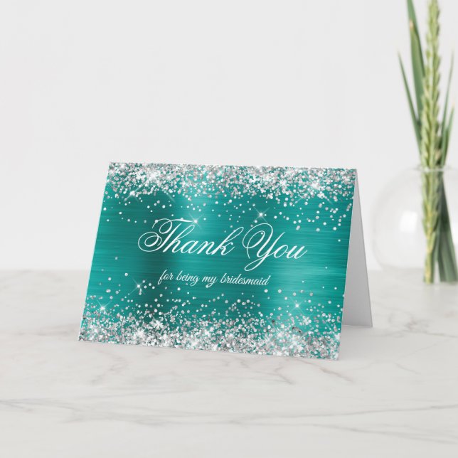 Cartão De Agradecimento Silver Glitter Aqua Teal Foil Bridesmaid (Frente)