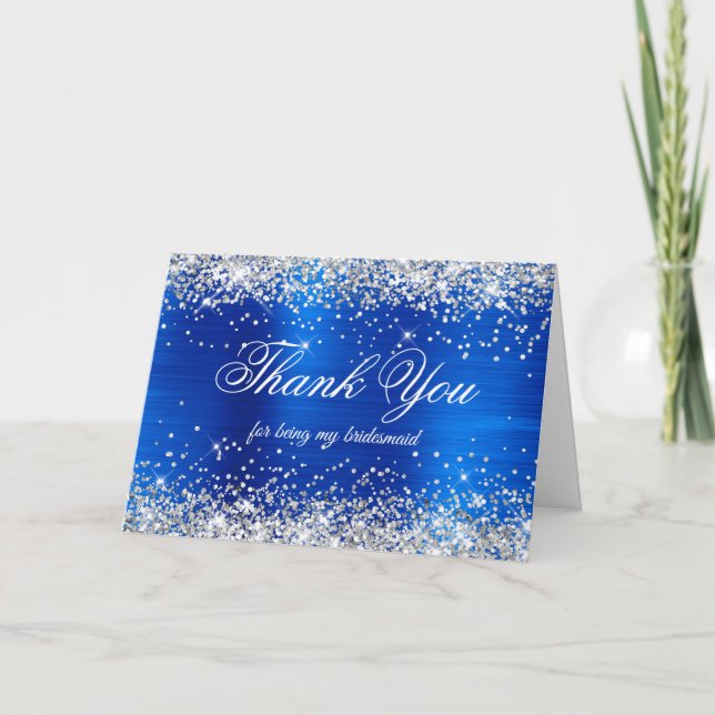 Cartão De Agradecimento Silver Glitter Royal Blue Foil Bridesmaid (Frente)