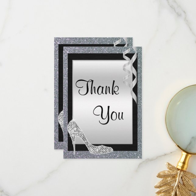 Cartão De Agradecimento Silver Glittery Stiletto & Streamets Obrigado (Frente/Verso In Situ)
