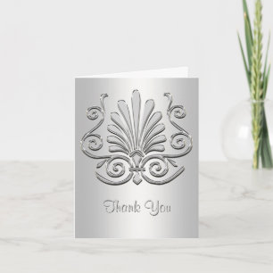 Cartão De Agradecimento Silver White Art Deco Damask Obrigado