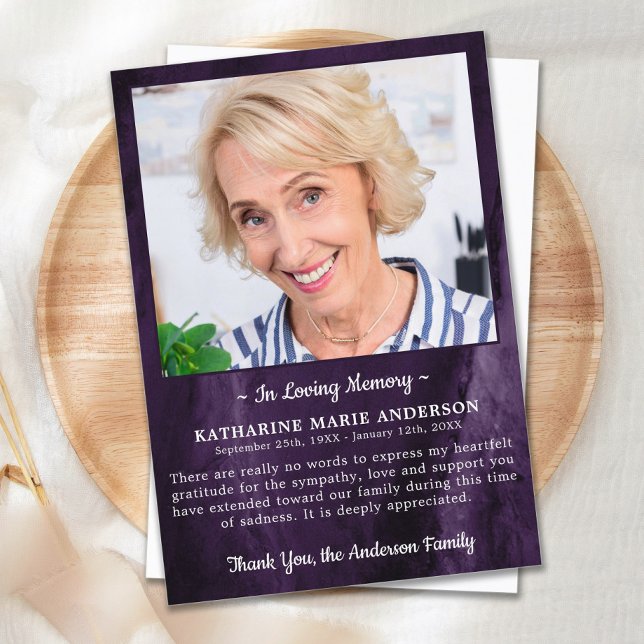 Cartão De Agradecimento Simpatia Adorando Memória Foto Marble Purple Funer (Criador carregado)