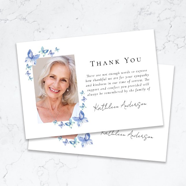 Cartão De Agradecimento Simpatia Borboletas Azuis Foto Funeral (Criador carregado)