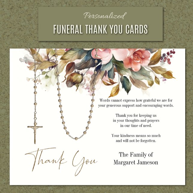 Cartão De Agradecimento Simpatia de Condolência Funeral Floral Católica Ro (Personalized Catholic Funeral Memorial Thank You Cards)