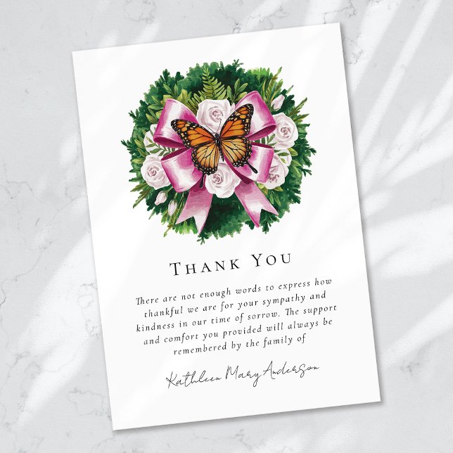 Cartão De Agradecimento Simpatia Floral da Borboleta de Aquarela Funeral (Criador carregado)