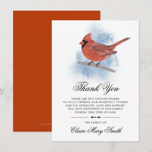 Cartão De Agradecimento Simpatia Funeral OBRIGADO A VOCÊ Cardeal Watercolo (Frente/Verso)