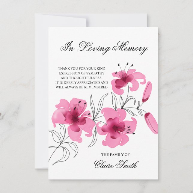 Cartão De Agradecimento Simpatia Funeral OBRIGADO Lily Floral FOTO (Frente)