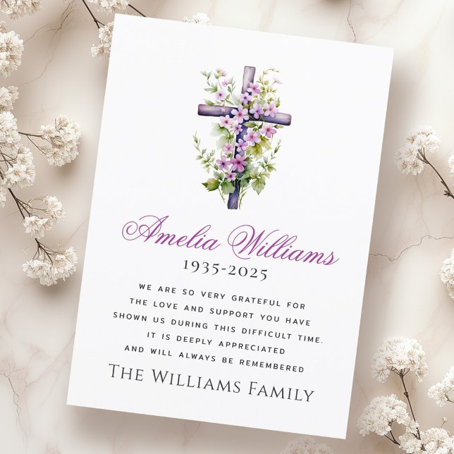 Cartão De Agradecimento Simpatia funerária de flor aquática obrigado você (Watercolor cross flower funeral sympathy thank you)