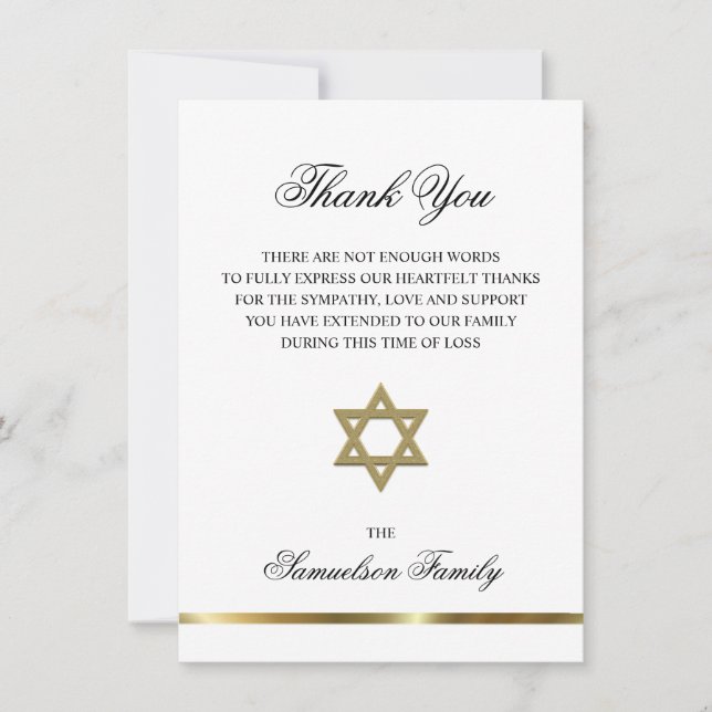 Cartão De Agradecimento Simpatia Memorial Jewish Star FOTO Dourada Obrigad (Frente)