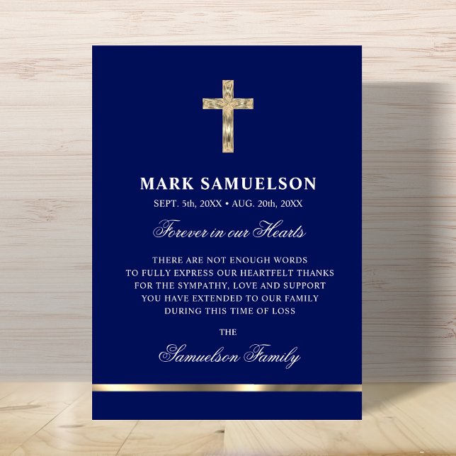 Cartão De Agradecimento Simpatia Memorial, Marinho Religioso Dourado (Sympathy Memorial Religious Cross Navy Gold Thank You Card)