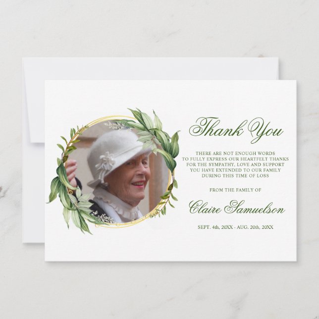 Cartão De Agradecimento Simpatia Obrigado Memorial Greenery FOTO (Frente)