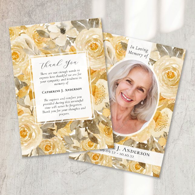 Cartão De Agradecimento Simpatia por Foto Floral Amarela bonito Funeral (Criador carregado)