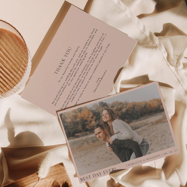 Cartão De Agradecimento Simple Boho Beige Foto do Melhor Dia De Casamento (Criador carregado)