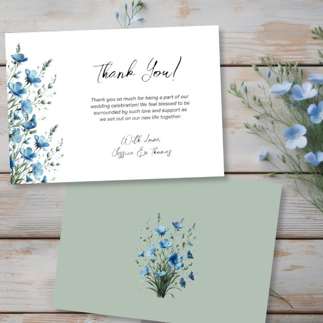 Cartão De Agradecimento Simple Dusty Blue & Sage Boho Wildflowers Wedding (Front/Back)