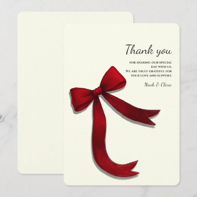 Cartão De Agradecimento Simple Elegant Minimalist Red Bow (Frente/Verso)