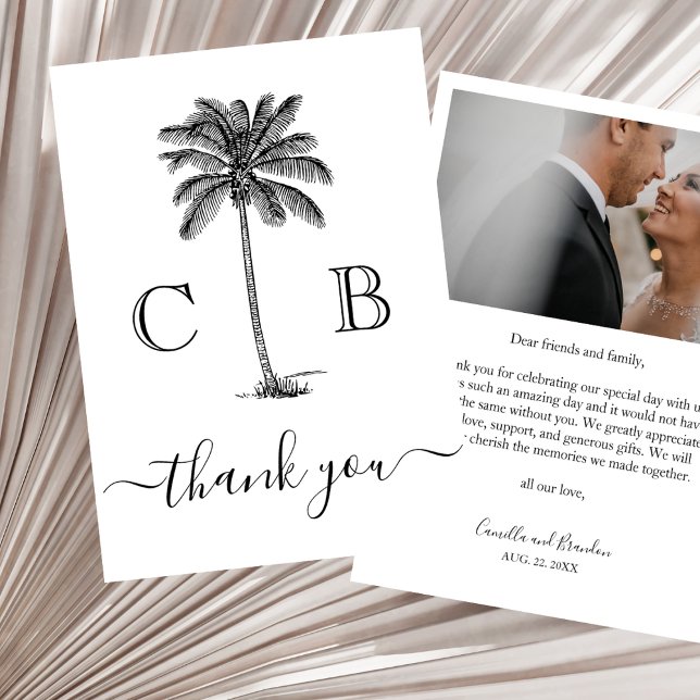 Cartão De Agradecimento Simple Elegant Tropical Monograms Photo Wedding (Criador carregado)