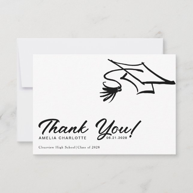 Cartão De Agradecimento Simple Modern Black and White Graduation (Frente)