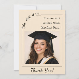 Cartão De Agradecimento Simple modern photo Graduate She did it champagne