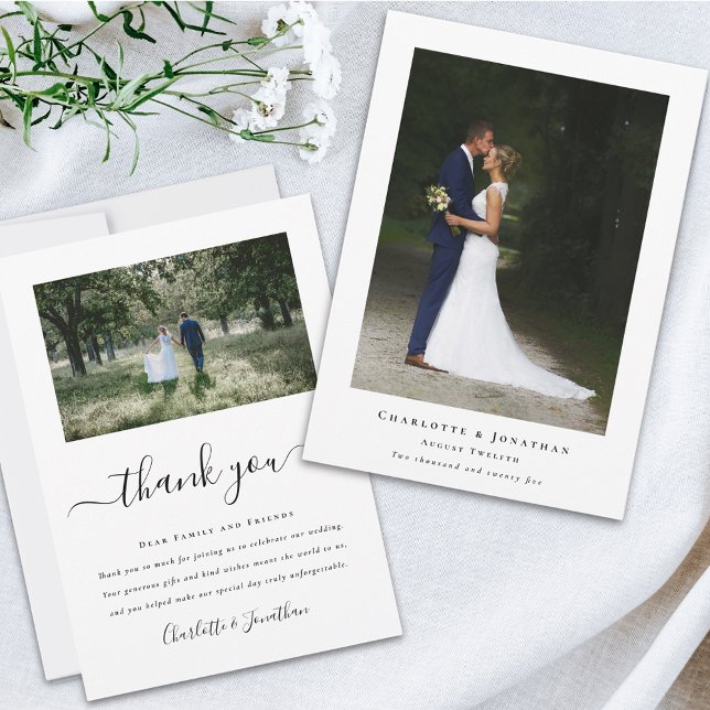 Cartão De Agradecimento Simple Modern Wedding Photo (Simple modern wedding photo thank you card Elegant script 2 photos bride & groom message)