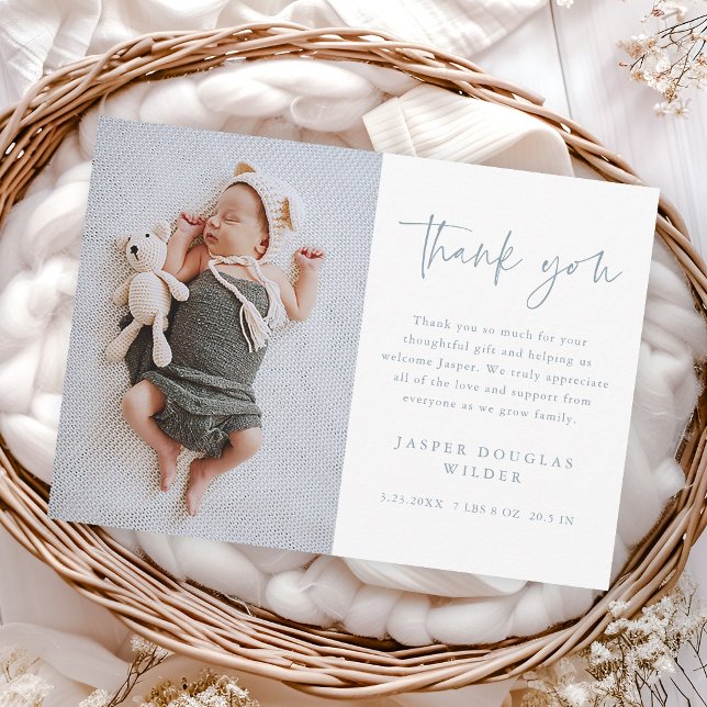 Cartão De Agradecimento Simple Script Baby Photo (Simple modern script dusty blue baby photo thank you cards.)