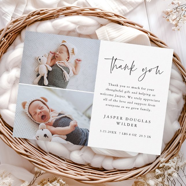 Cartão De Agradecimento Simple Script Baby Photo (Simple modern script 2 photo baby thank you cards.)