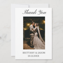 Cartão De Agradecimento Simple Script minimalista com foto de casamento