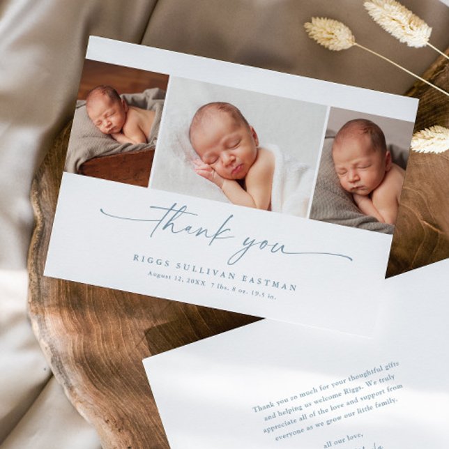 Cartão De Agradecimento Simple Script Photo Collage Baby (Elegant modern script 3 photo collage baby thank you announcement card.)