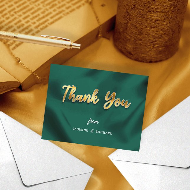 Cartão De Agradecimento Simple Wedding Emerald Green & Gold Script Classic (Criador carregado)