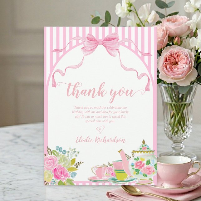 Cartão de Agradecimento Simples (let's par-tea pink coquette bow floral stripe custom birthday party thank you card)