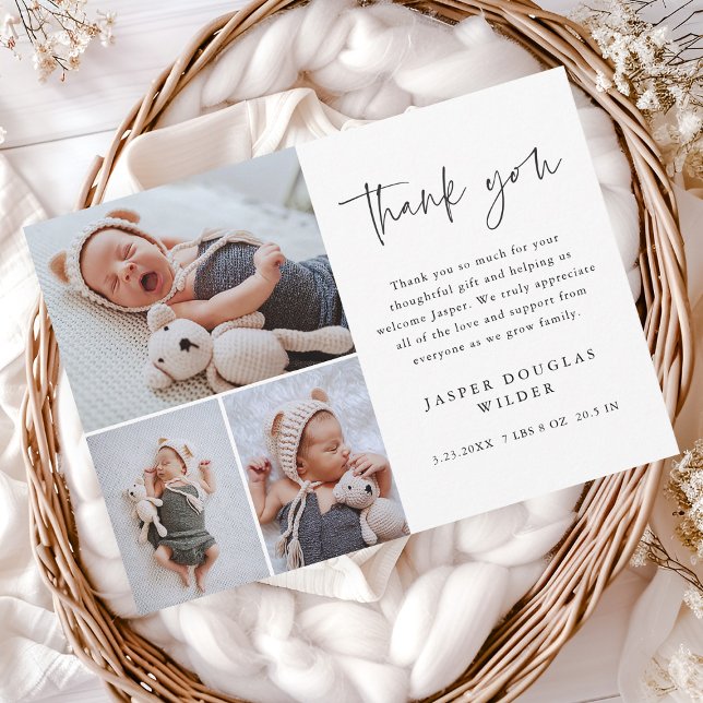 Cartão De Agradecimento Simples 3 Photo Baby (Simple 3 photo collage baby announcement thank you cards.)