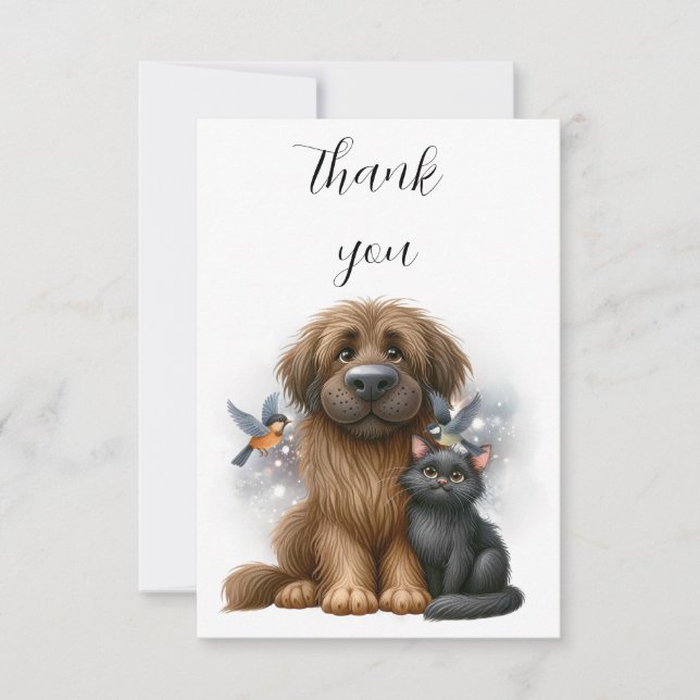 Cartão De Agradecimento Simples Amizade de Cão, Gato e Aves (Frente)