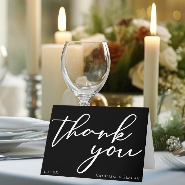 Cartão De Agradecimento Simples Casamento Moderno do Script Branco Negro E (Criador carregado)