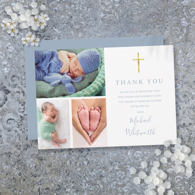 Cartão De Agradecimento Simples Elegante 3 Foto Script de Assinatura Batis (Simple Elegant 3 Photo Signature Script Baptism Thank You Card)