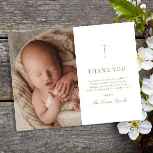 Cartão De Agradecimento Simples Elegante, Dourado Natal De Batismo Cruzado