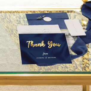 Cartão De Agradecimento Simples Marinho de Casamento de Luxo e Script Dour